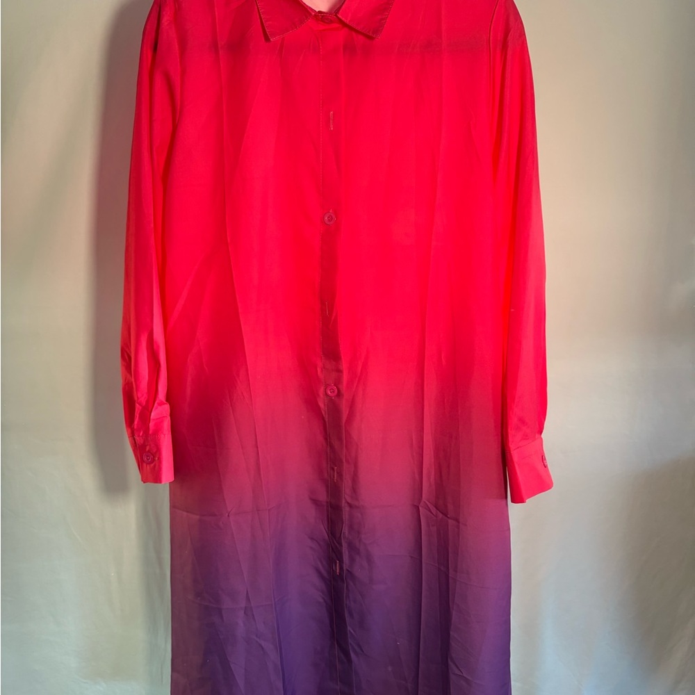 Chic Red and Purple Ombre Shirt Dress